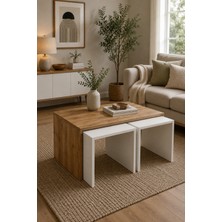 Nenu Nova 2'li Zigon Orta Sehpa Atlas Çam Beyaz Modern Minimalist Salon Sehpası