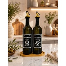 Trend Home Life Yağdanlık Seti Gold Başlıklı Bambu Ahşap Standlı Zeytinyağı ve Ayçiçek Yağı Şişesi Sosluk Şişe