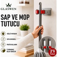 Glaswen 2 Adet Paspas Süpürge Fırça ve Mop Askısı Sap Tutucu Mutfak Banyo Askı Yapışkanlı Düzenleyici Askılık