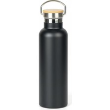 Canarino Bambu Kapaklı Siyah Çelik Termos Matara - 750 ml Sızdırmaz Kilitli Mug - Doğal Ahşap Detaylı Sıcak ve Soğuk Tutan Ofis Termosu