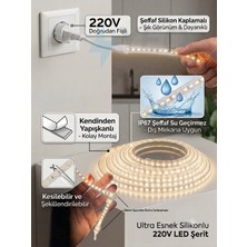 Yeo Aydınlatma 220V Doğrudan Fişli Trafosuz  Günışığı Şeffaf Silikonlu Şerit LED - IP67 Su Geçirmez Kendinden Yapışkanlı Dış Mekan Esnek LED Aydınlatma