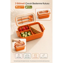 Open City Turuncu 3 Bölmeli Çocuk Beslenme Kutusu Kaşık Çatal Dahil Kilitli Kapaklı Taşıma Saplı Lunch Box