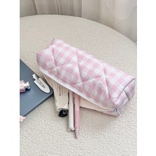 Luli Shop Pembe Kareli Kapitone Kalemlik – Çok Amaçlı Kumaş Kalem Kutusu ve Organizer Çanta (24X7X7 Cm)