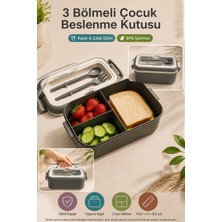 Open City Antrasit 3 Bölmeli Çocuk Beslenme Kutusu Kaşık Çatal Dahil Kilitli Kapaklı Taşıma Saplı Lunch Box