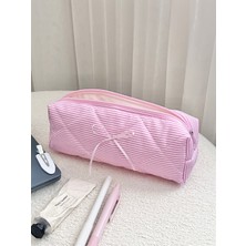 Luli Shop Pembe Çizgili Kapitone Kalemlik – Çok Amaçlı Kumaş Kalem Kutusu ve Organizer Çanta (24X7X7 Cm)