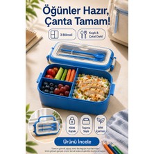 Open City Mavi 3 Bölmeli Çocuk Beslenme Kutusu Kaşık Çatal Dahil Kilitli Kapaklı Taşıma Saplı Lunch Box