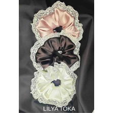 Kadın Dantelli 15CM Saten Saç Lastik Scrunchie Toka Seti