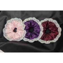 Kadın Dantelli 15CM Saten Saç Lastik Scrunchie Toka Seti