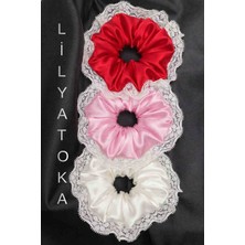 Kadın Dantelli 15CM Saten Saç Lastik Scrunchie Toka Seti