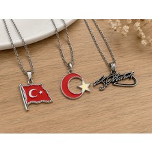 Herşey Nota 3’lü Türk Bayrağı Ay Yıldız ve Atatürk Imzalı Gümüş Renk Kolye Seti Hediye