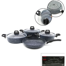 Mabelme Store Gri 7 Parça Granit Tencere - Tava Seti 20-24CM Derin - 27CM Basık Cam Kapak Tencere - 26CM Tava