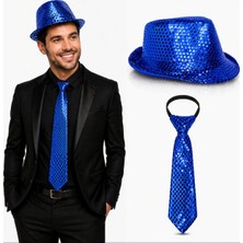 Ozkr Store Mavi Payetli Şapka ve Kravat Seti – Işıltılı Parti Kombini