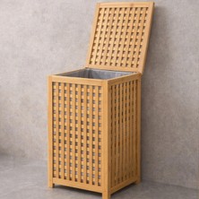 Ozkr Store Kalın Ahşap Bambu Kirli Çamaşır Sepeti Kumaş Çantalı SEPET=40X40X58CM