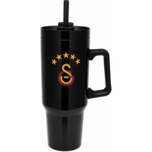 Galatasaray Lisanslı Pipetli Kulplu Termos Mug - Siyah Paslanmaz Çelik Matara 1,20 Litre