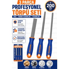 Ellante 3 Parça Profesyonel Törpü Seti 200 mm (8") Düz Yarım Yuvarlak Yuvarlak Çelik Eğe Ahşap Metal Pvc Plastik