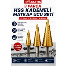 Ellante 3 Parça Hss Titanyum Kaplamalı Kademeli Matkap Ucu Seti 4-12 / 4-20 / 4-32 mm
