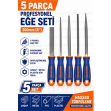 Ellante 5 Parça Profesyonel Eğe Seti 200 mm (8") Ergonomik Kaymaz Saplı Sertleştirilmiş Çelik Ahşap Metal Plastik Törpü Takımı
