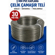 Ellante 3 mm Pvc Kaplama Çelik Çamaşır Teli 30 Metre Paslanmaz Güçlü Çamaşır Asma Teli Iç ve Dış Mekan Kullanımı