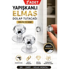 Ellante 2 Adet Yapışkanlı Elmas Dolap Kulpu Şeffaf Kristal Görünümlü Kendinden Yapışkanlı Çekmece Tutacağı Delmeden Montaj Mobilya Kulpu