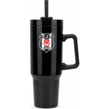 Beşiktaş Lisanslı Pipetli Kulplu Termos Mug - Siyah Paslanmaz Çelik Matara 1,20 Litre