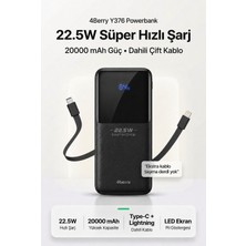 4Berry YM832 20000MAH 22.5W Süper Hızlı Şarj Type-C ve Lightning Kablolu Powerbank
