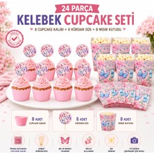 Bkmc Party Premium Butterfly Kelebek Parti Ikram Seti | 8 Cupcake Kalıbı + 8 Kelebek Kürdan Süsü + 8 Baskılı Mısır Kutusu | Doğum Günü Süsleri 24 Parça