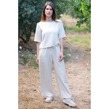 Defne Apollon İpekçilik El Dokuması Ipek Keten Pantolon- Doğal Bej