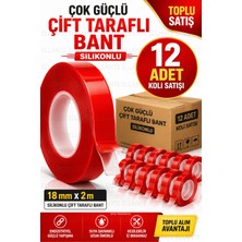 Ellante 12 Adet Silikonlu Çift Taraflı Bant 18 mm x 2 M Güçlü Yapışkan Şeffaf Montaj Bandı Ekonomik Koli Paket Yüksek Kalite