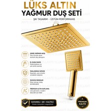 Ellante Premium Gold 20X20 cm Kare Yağmur Duş Başlığı ve El Duşu Seti | Paslanmaz Çelik | Yüksek Basınçlı Lüks Banyo Duş Sistemi