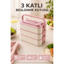 Open City Pembe 3 Katlı Beslenme Kutusu Çatal Kaşık Dahil Kilitli Kapaklı Taşıma Saplı Yemek Saklama Kabı Seti