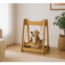 Pureza Ahşap Kedi Salıncağı & Oyun Platformu – Ponponlu, Doğal Ahşap Oyuncak