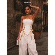 Gold Bağcıklı Beyaz Korse Büstiyer