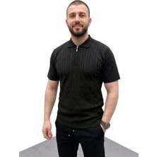 Janes Erkek Yazlık Triko Saç Örgü Tişört Kısa Kol Polo Yaka Fermuarlı T-Shirt - Siyah