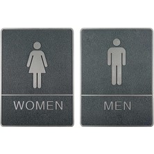 Tilki Dünyası Kadın Erkek Wc Yönlendirme Levhası Seti - 15X20 cm Siyah Plastik Gümüş Kabartmalı & Braille Alfabeli Kendinden Yapışkanlı Tuvalet Tabela Seti