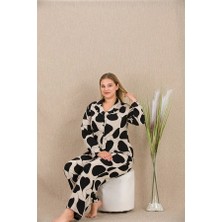 Büyük Beden Siyah Beyaz Kalp Desenli Düğmeli Uzun Kol Viskon Pijama Takımı