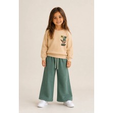 Zekalya Kız Çocuk Çiçek Baskılı Iki Iplik Fırçalı Sweatshirt Bol Paça Eşofman Takımı