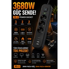 Kılıforyum Ps-3 3'lü Akım Korumalı Priz 3680W 2 USB + 2 Type-C Çıkışlı Topraklamalı Çoklu Priz