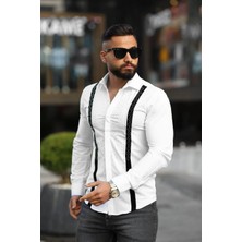 Erkek Slim-Fit Dikey Kadife Şeritli ve Kristal Taş Işlemeli Premium Lüks Gömlek