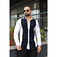 Erkek Slim-Fit Italyan Yaka Kadife Panel Detaylı Premium Lüks Gömlek