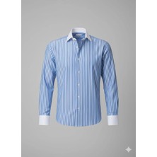 Dikey Çizgili Tasarım Kontrast Yaka Casual Slim Fit Erkek Gömlek