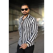 Erkek Slim-Fit Dikine Kalın Çizgili Premium Lüks Gömlek