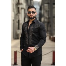 Damla Motifli Slim Fit Erkek Taş Işlemeli Klasik Yaka Gömlek