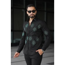Yıldız Motifli Siyah Erkek Slim Fit Taş Işlemeli Gömlek