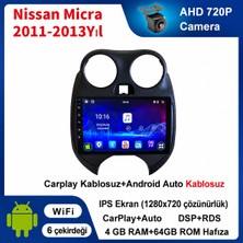 SBAID Nissan Micra 2011-2013 Yıl Uyumlu 4GB Ram 64GB Rom Hafıza Android Kablosuz Carplay Navigasyon Multimedya 9 Inç Ekran Hediye Görüş Kamerası Hediye Çerçevesi 4+64