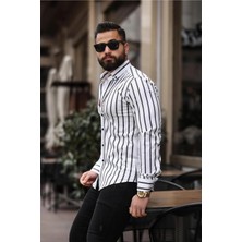 Erkek Slim Fit Çizgili Gömlek Likralı Dar Kesim Şık Günlük Gömlek (Beyaz & Mavi / Beyaz & Siyah)