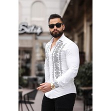 Etnik Motifli Erkek Slim Fit Taş Işlemeli Gömlek