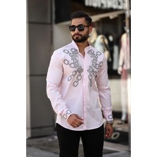 Geometrik Zincir Desenli Slim Fit Hakim Yaka Taş Işlemeli Erkek Gömlek