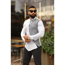Erkek Slim-Fit Hakim Yaka Asimetrik Çizgili Lüks Gömlek