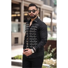 Zincir Motifli Slim Fit Gömlek Klasik Yaka Erkek Taş Işlemeli