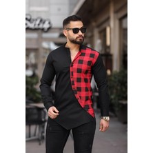 Ekose Detaylı Asimetrik Kesim Erkek Slim Fit Gömlek